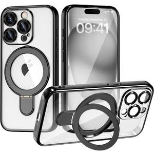 for iPhone 15 Pro Max Case with Magnetic Invisible Stand [Compatible with Mag-Safe] [Full Camera Lens Protector] Slim Soft Clear Plating Phone Case for Women Men, Black