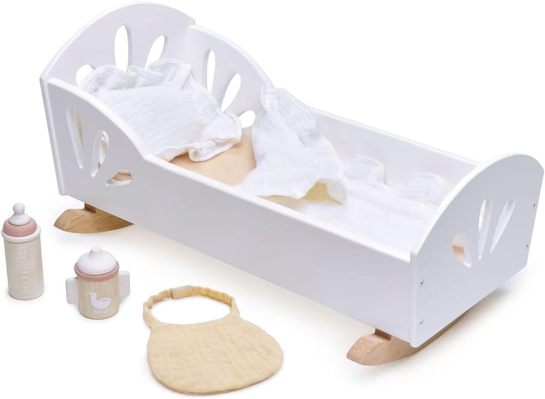 Tender Leaf Toys - Sweet Dreams Dolly Bed - Wooden Baby Doll Rocking Cradle with Bedding and Accessories - Encourages Love and Nurturing Play for Boys and Girls - Age 18m+