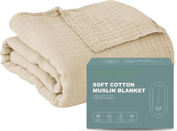 Cosy Family 4 Layer Muslin Bed Blanket - Breathable and Lightweight Gauze Boho Blanket for Spring, Soft 100% Cotton Muslin Blanket, Light Tan, 55x80 Inches