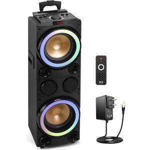 10'' Portable Bluetooth Speaker System - Karaoke Speaker w/LED Lights, USB/Micro SD/FM/BT/Aux/Remote Control/Mic & Guitar Inputs, Built-in Rechargeable Battery w/Wheels & Handle Bar - Pyle PPHD210.5