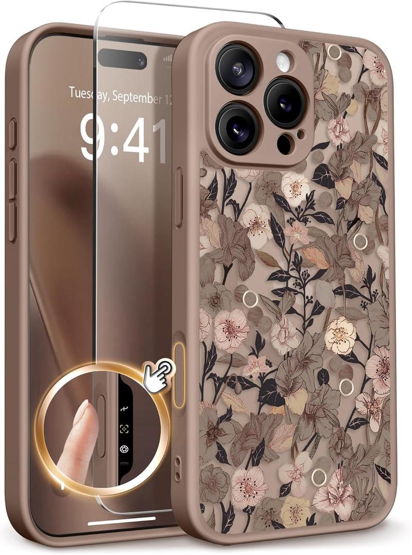 GVIEWIN for iPhone 16 Pro Case Compatible with MagSafe, [Military Grade Protection] [Screen Protector] Full Camera Protection Floral Translucent Women Magnetic Phone Case, Apricot Blossom/Brown