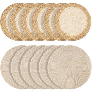 Handmade Round Boho Placemats Set of 6 | Natural Woven & Polyester Braided Combo Table Mats | 12-Piece Versatile Place Mats | Simple Rustic Farmhouse Style Dining Table Decor, Beige Bordered