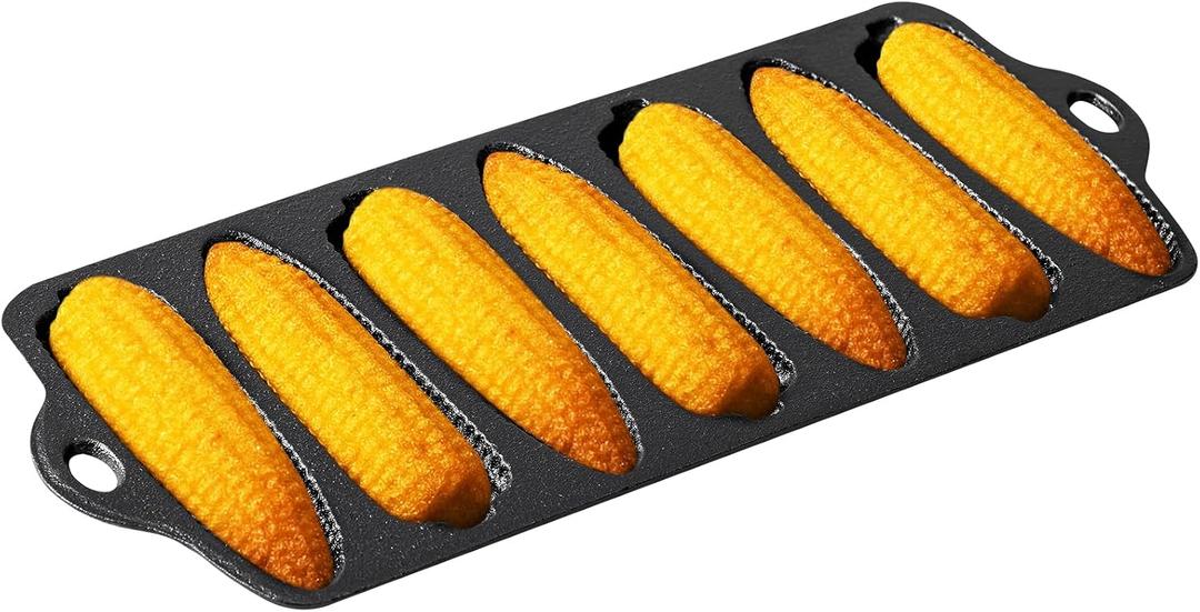 Reallnaive 1 Pc Cast Iron Corn stick Pan Corn Bread Molds with 7 Corncob Sticks Cornbread Loaf Cakes Corndog Baking Compatible with Oven, Stovetop, Grill, and Campfires