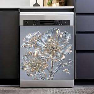 Dishwasher Magnet Cover Floral 23x26 inch, Silver Metallic Decorative Magnetic Dishwasher Cover, Removable Waterproof Appliance Cover Magnet for Modern Kitchen Decor, 23 inches x 25.5 inches