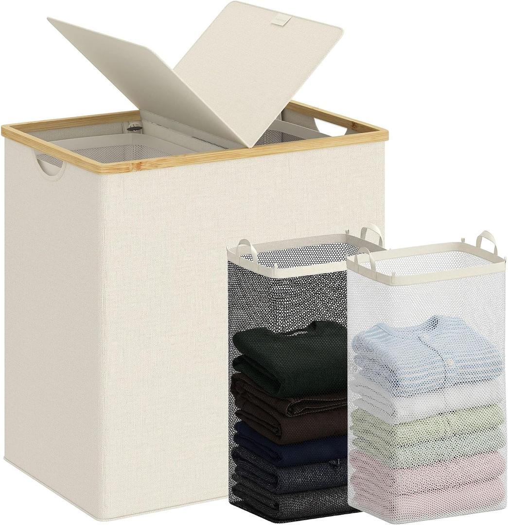 efluky Laundry Hamper with Lid, Double Laundry Hamper with 2 Removable Bags, 2 Section Laundry Basket with Bamboo Handles for Bathroom, Bedroom & Laundry Room, 140L (36.9 Gallon) Beige, 140L Dual