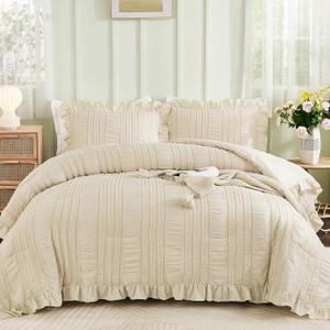 WONGS BEDDING Beige Textured Comforter Set King,3 Pieces Ruffle Farmhouse Shabby Chic Comforter for Queen Bed,Soft Seersucker Boho Bedding Set with 1 Ruffle Comforter,2 Tufted Pillowcases 104"x90"