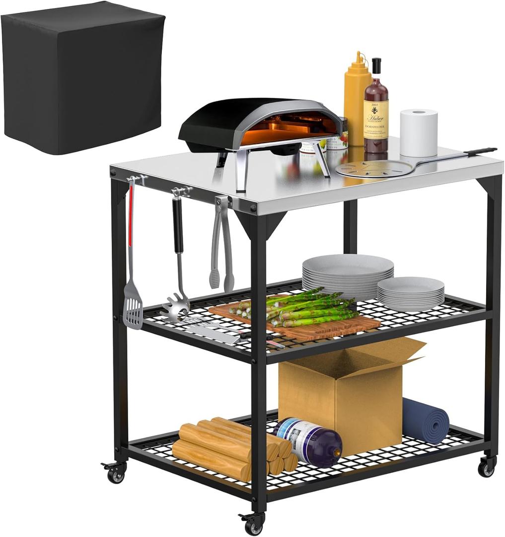 AJinTeby Outdoor Grill Cart for Cuisinart Pizza Oven, 3 Tier Mobile Countertop Cart for Ooni Oven, Fits Blackstone Grill, Stainless Steel Table Stand Work Cart, Outdoor Grill Cart with Storage