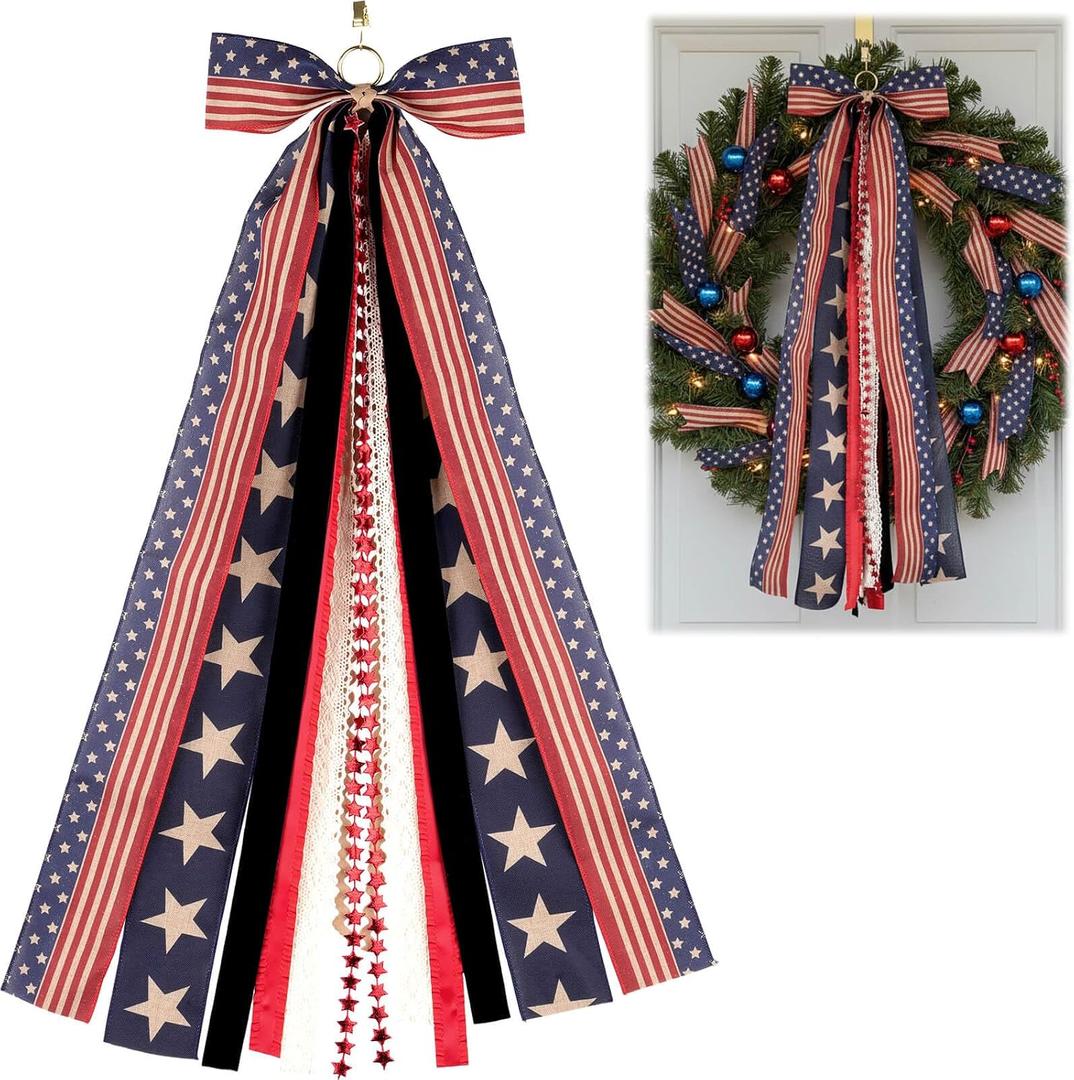 Patriotic Bow for Wreath 4th of July Decorations, Large Red White Blue Bow with 8 Multi-Ribbon Streamers, 27.5" Memorial Day Veterans Day Front Door Decor