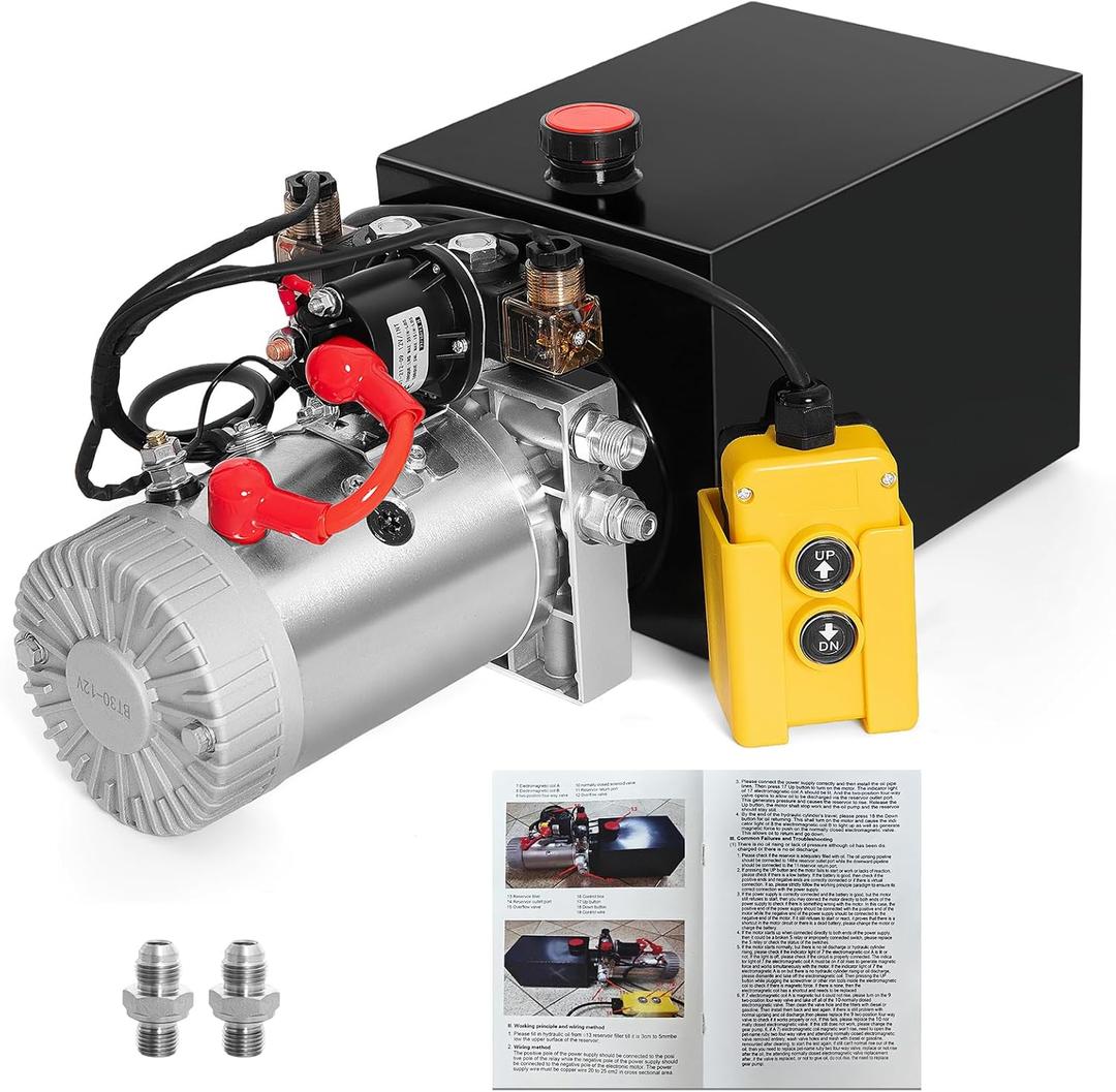 Hydraulic Pump 12V Dump Trailer Pump - Hydraulic Power Unit Double Acting Electric Hydraulic Pump for Dump Trailer Car Lifting (with 2pcs Extra SAE #6 Connectors) (10QT)