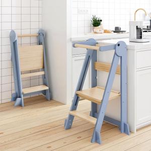 Foldable Kitchen Tower, Height Adjustable Standing Tower for Toddlers Learning New Skills, Wooden Kids Kitchen Stool Helper with Safety Rails- Ages 18 Months to 6 Years-Grey (Gray)