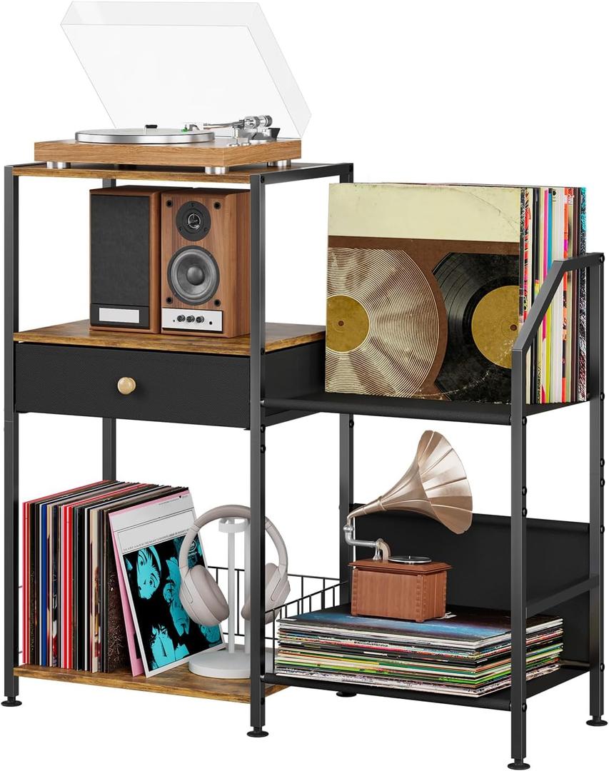 3 Tier Record Player Stand, Vinyl Shelf with Display Storage Up to 200 Albums, Vintage Turntable Holder Large End Table for Media Stereo Living Room, Black & Brown