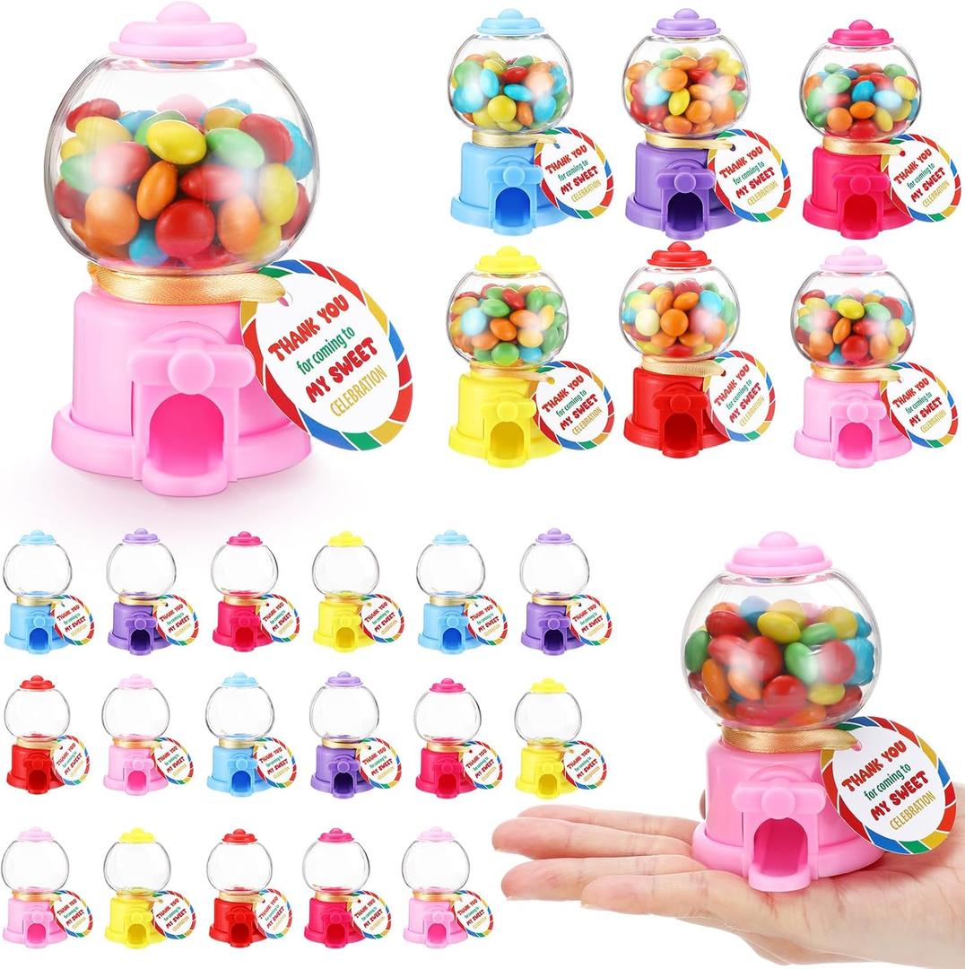 Foilswirl Candy Party Favors with 3.8 Inch Mini Candy Dispenser Toy Thank You Cards Mini Bubble Gumball Machines for Land Birthday Party Decorations Favors(24 Sets)