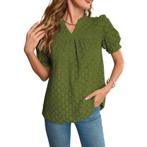 Tops For Women 2025 Boho Floral Short Puff Sleeve Shirts Summer Flowy V Neck Casual Lace Blouses (Green, XL)
