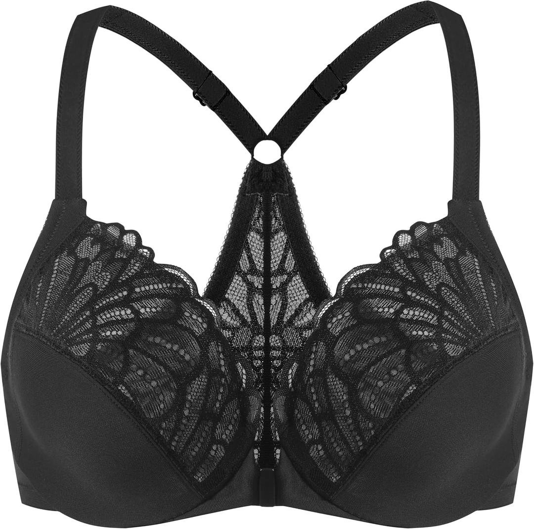 MELENECA Women's Front Closure Plus Size Underwire Racerback Bra (Black) 46F