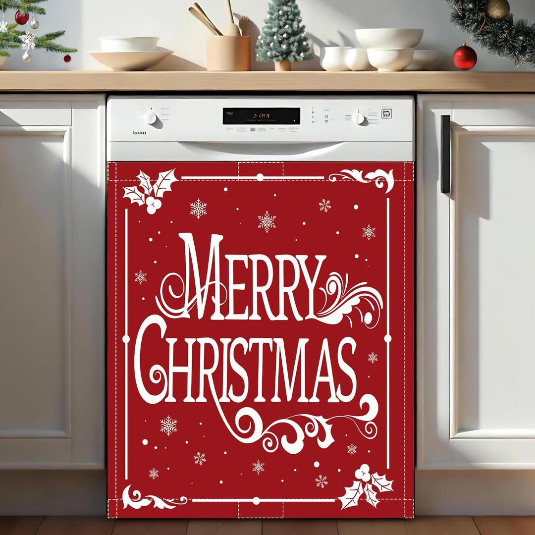 Christmas Magnet Cover 23x26in Merry Christmas Dishwasher Cover for Washers Fridge Panel, Snowflake Magnetic Covers for Kitchen, Reusable Cover, Machine Door Covers Decor, Red Christmas Kitchen Decor