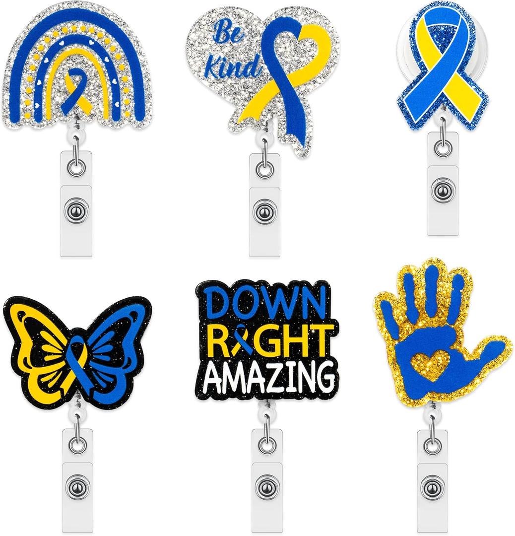 ANGOLIO Down Syndrome Awareness Badge Reels - 6Pcs Retractable Glitter Acrylic Ribbon ID Badge Holder for Nurse Doctor Teacher Student Name Tag Cards World Down Syndrome Day Back to School Gifts