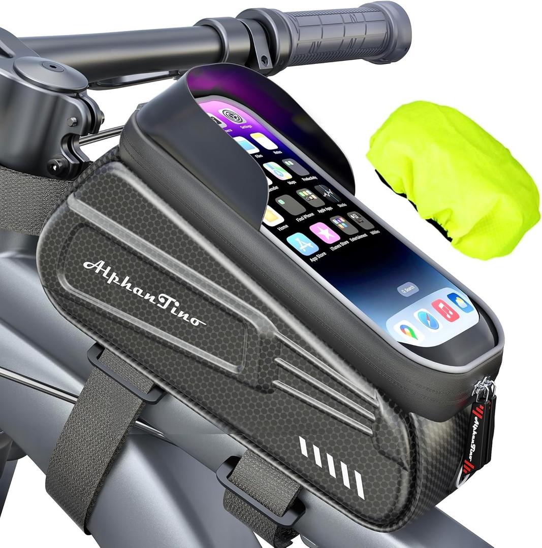Bike Phone Holder Bag - Waterproof Bicycle Frame Bag Hard Case Large Capacity Top Tube Front Frame Cycling Mount Accessories Pouch, TPU Touch-Screen & Sun-Visor (Red Zipper)