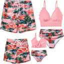 Family Matching Solid Scallop Trim Strappy Two-Piece Swimsuit and Allover Floral Print Swim Trunks Shorts (X-Large, Hawaiian Pink)