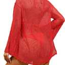 Lilosy Sexy Crochet Mesh Sheer Long Sleeve Dress Beach Bathing Suit Swim Coverup Summer Vacation Outfits One Piece Women Knit See Through Swimsuit Bikini Swimwear Red Medium