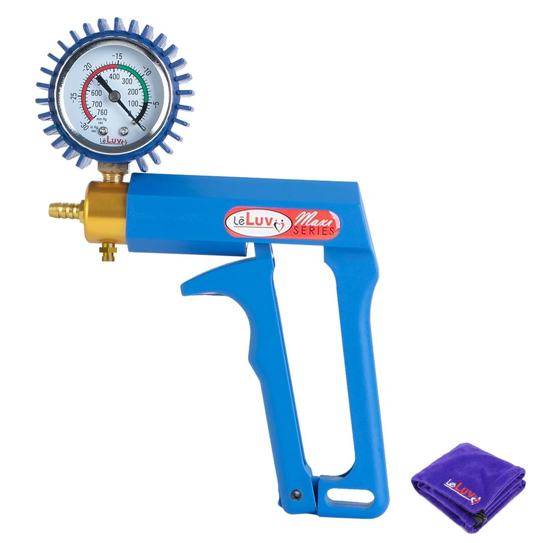 LeLuv Maxi Vacuum Pump - Manual Hand Vacuum (0-30 Hg, 0-760 mmHg) with Ergonomic Nylon Handle, Release Valve, & Rubber Protected Pressure Gauge (1/8" NPT), Compatible with LeLuv Pump Series - Blue