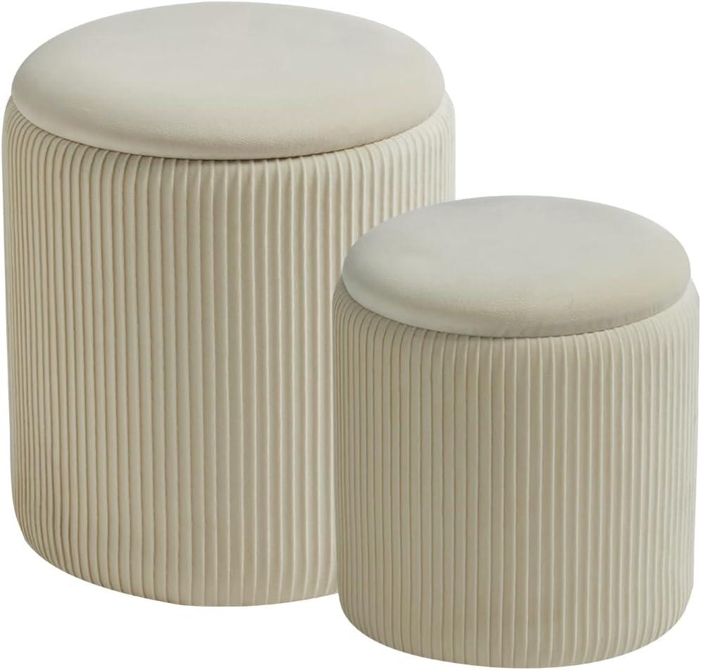 Round Set of 2 Ottoman with Storage-Upholstered Velvet Vanity Stool for Makeup Multifunctional Ottomans Coffee Table Padded Seat Foot Rest for Living Room&BedroomWhite