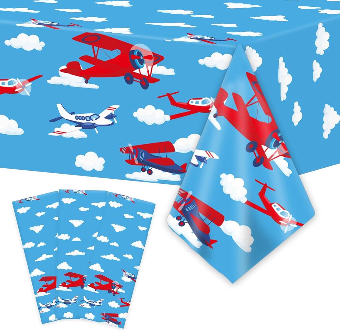 Wiooffen 3pcs Airplane Party Tablecloth Supplies Plane Plastic Table Cloth Helicopter Blue Sky Theme Table Cover Favors Disposable Tablecloths Birthday Decorations for Kids, 54 x 108
