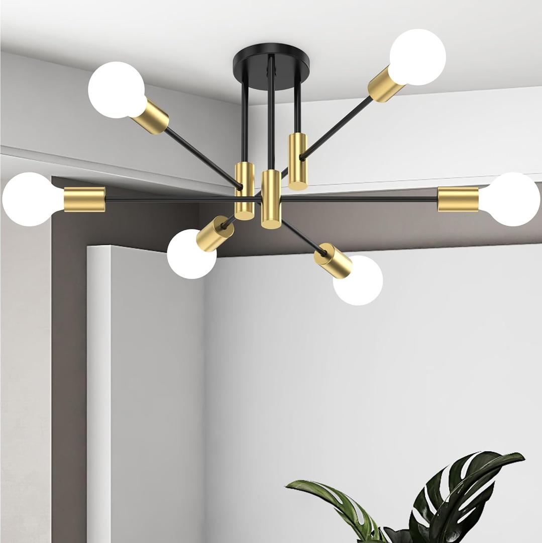 Modern Sputnik Chandelier Ceiling Light Fixtures, 6-Lights Mid Century Industrial Metal Semi Flush Mount Lamp for Bedroom Dining Room Living Room Kitchen Hallway Office-Black and Gold