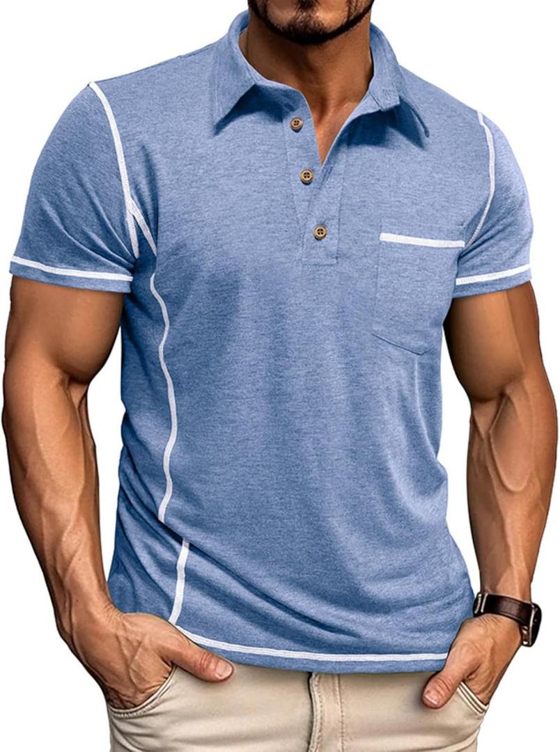 Men's Short Sleeve Polo Shirts Casual Button Collared T Shirt Classic Stylish Pullover Tee with Pocket (3X-Large)