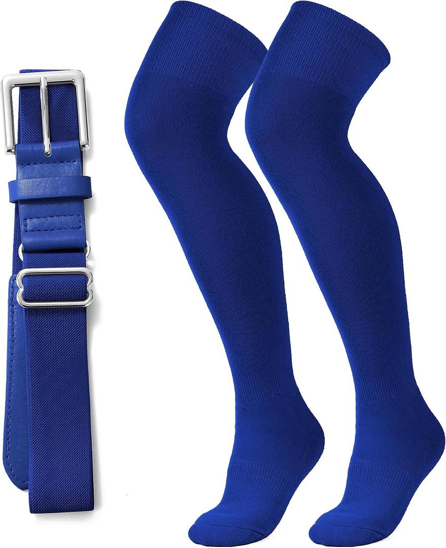 XZQTIVE Over the Knee Baseball Socks and Belt Combo Set for Kids Youth Adult Pink Softball Soccer Socks for Boy Girl (Blue)