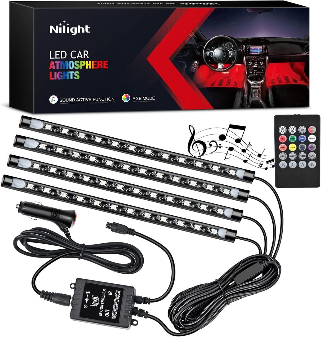 Nilight - TR-06 4PCS 48 LED Interior Lights DC 12V Multicolor Music Car Strip Light Under Dash Lighting Kit with Sound Active Function and Wireless Remote Control