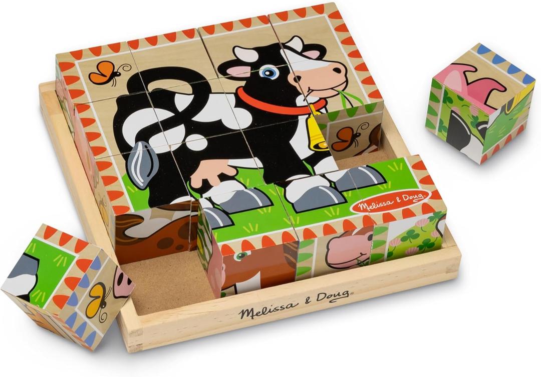 Melissa & Doug Farm Wooden Cube Puzzle with Storage Tray – 6in1 Animal Puzzle for Toddlers and Preschoolers – 16 Wooden Cubes – Farm Toy for Kids Ages 3+  FSC Certified