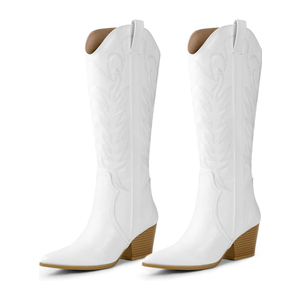 Arromic Cowboy Boots for Women Comfortable Womens Embroidered Western Cowgirl Knee High Boots Pointed Toe Zipper Chunky Heel Country Outfit Retro Tall Boots 7/US