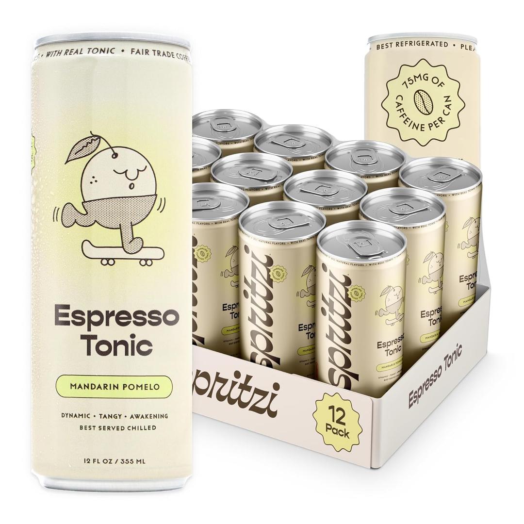 Spritzi Mandarin Pomelo - Sparkling Espresso Tonic - 75mg Caffeine, 45 Cal, 9g Sugar, Fair Trade Coffee, Naturally Sweetened, Refreshing Energy Alternative - Canned Coffee Drinks (12 Fl Oz x 12 Pack) (EXP 03/11/27)