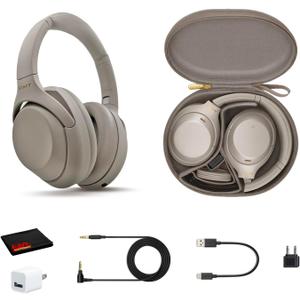 Sony WH-1000XM4 Wireless Noise Canceling Overhead Headphones with Mic for Phone-Call, Voice Control, Silver, with USB Wall Adapter and Microfiber Cleaning Cloth - Bundle