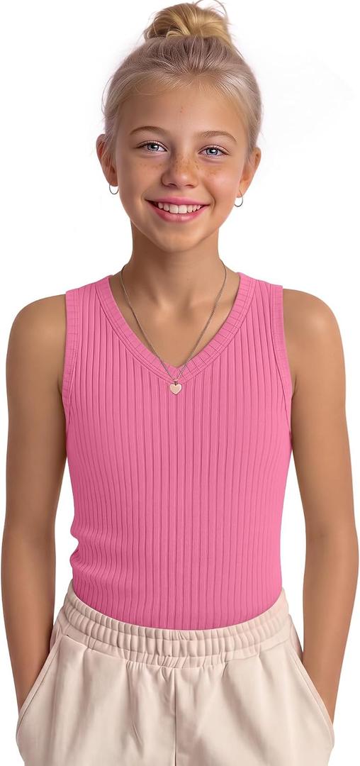 Girls' Tank Tops Sleeveless Shirts | Ribbed Knit, V Neck, Slim Fit, Summer, Casual, Basic Undershirts, Cute, for Kids 5-14Y, Teen, Solid Color, Back to School