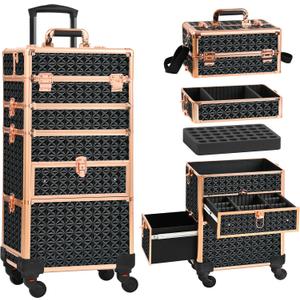 Makeup Train Case with Drawer, Rolling Makeup Case, Cosmetology Case on Wheels, Gift, Large Makeup Case Organizers, Professional for Salon Barber, Nail, Tattoo, Black Gold