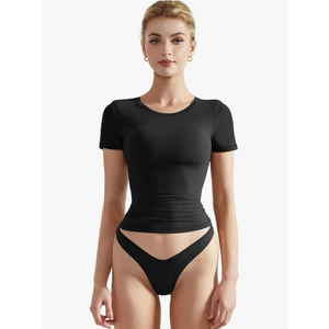 SUUKSESS Women Double Lined Fitted Basic Tee Crew Neck Short Sleeve Y2K Crop Top, Medium 