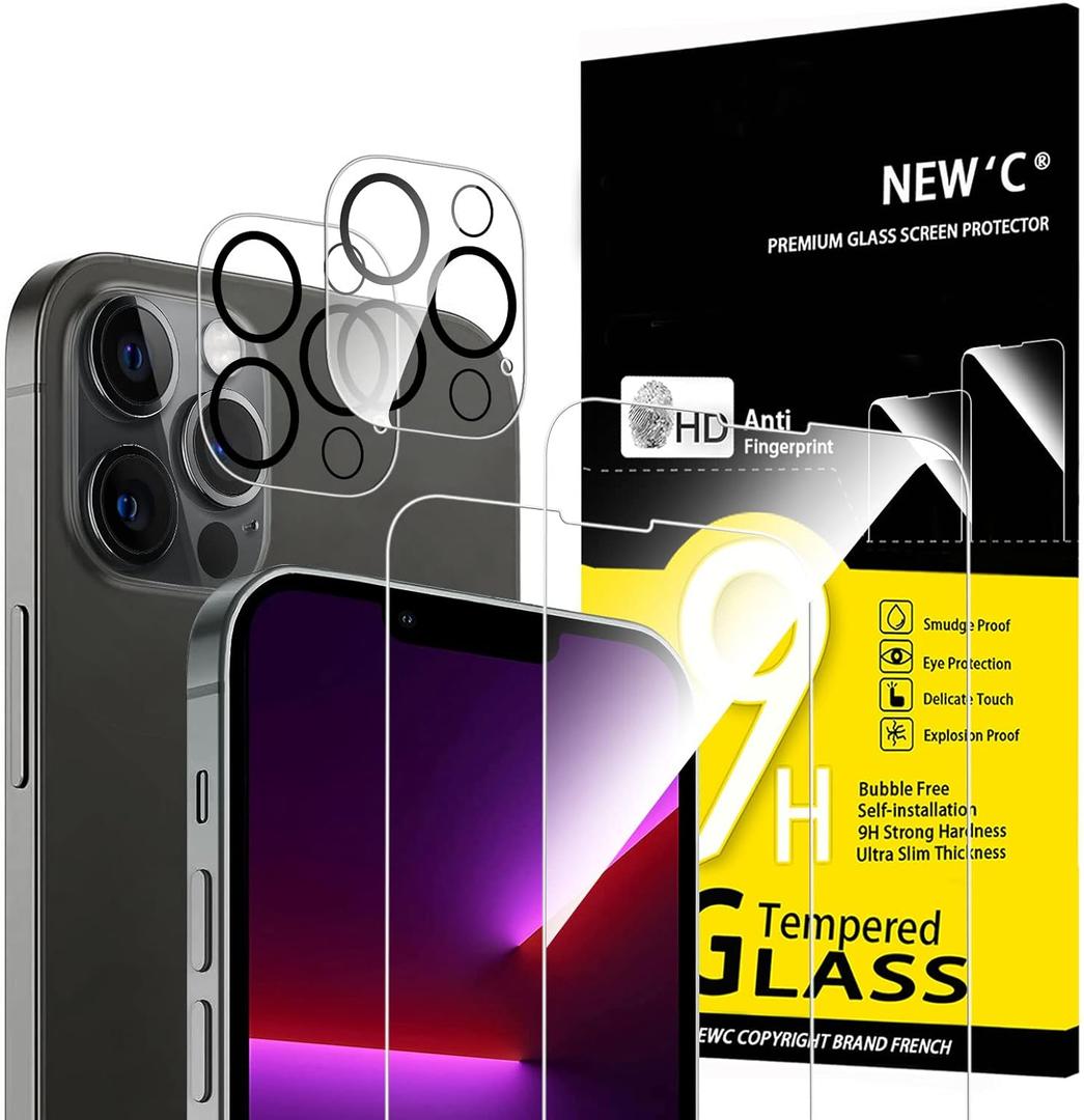 NEW'C 4 Pack, 2 Pack for iPhone 13 Pro Screen Protector + 2 Pack Camera Lens Protector, Sensor Protection,Case Friendly Tempered Glass Film