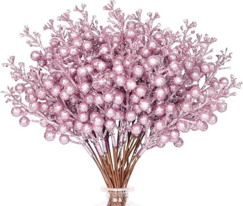 HOHOTIME 36Pcs Christmas Glitter Berries Stems, Pink 9.5 Inch Artificial Christmas Tree Picks for Christmas Tree Decorations Ornaments DIY Crafts Vases Holiday Wedding Home Xmas Decor