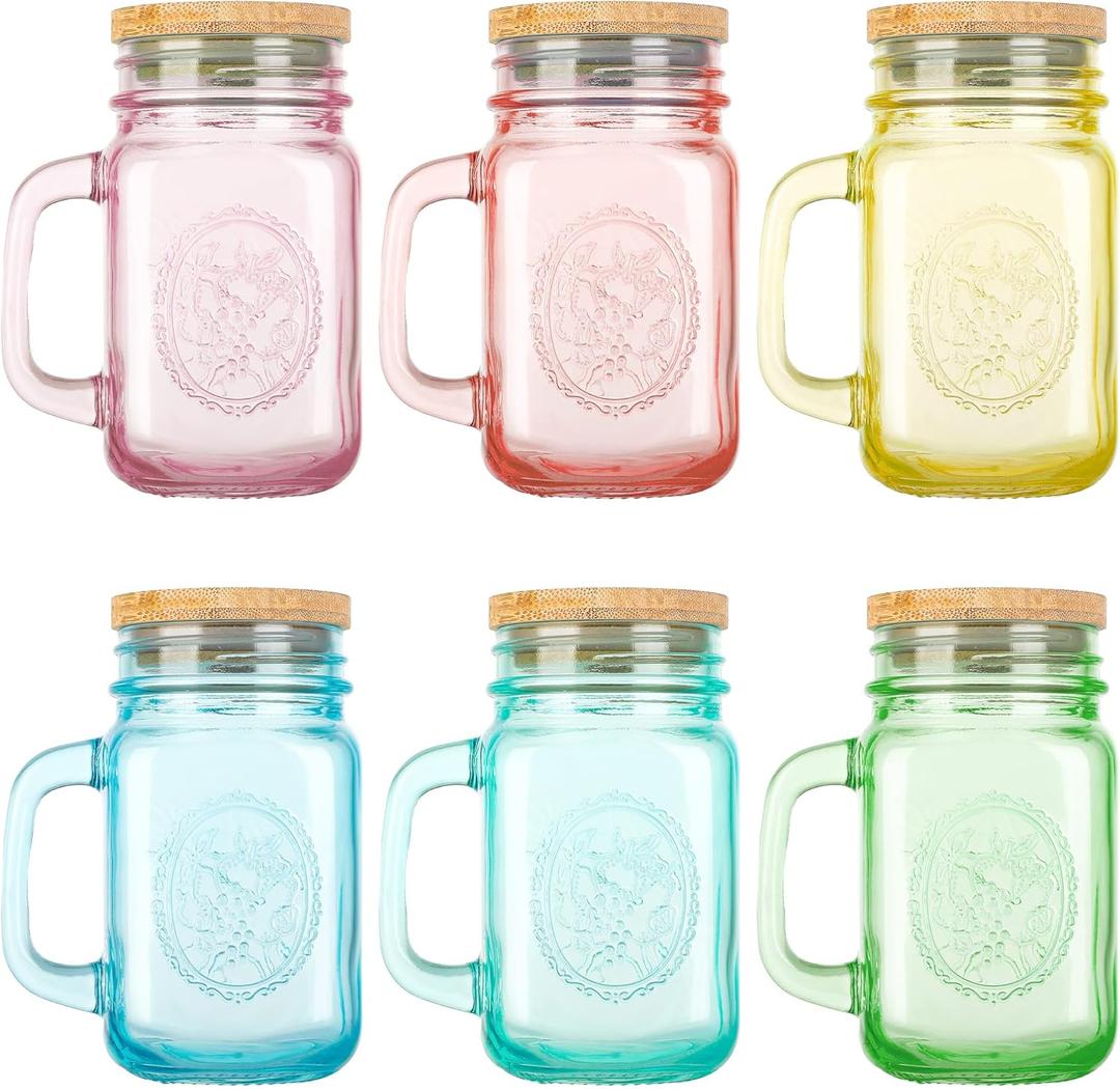 16 oz Glasses Cups Set - 6 Pack Wide Mouth Tumbler with Leakproof Bamboo Lids & Metal Straws, Colorful Jar drinking Glasses Tumblers with Handle for Iced Coffee, Juice and Smoothie