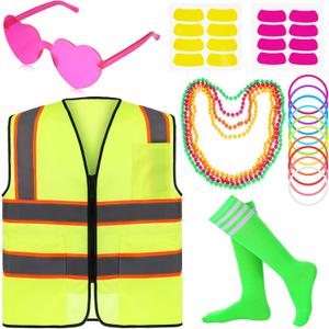 Neon Outfit Neon Costume Accessories Reflective Vest Sunglasses Necklace Bracelet for Glow Party Football Game (37# Fruit Green/White Bars)