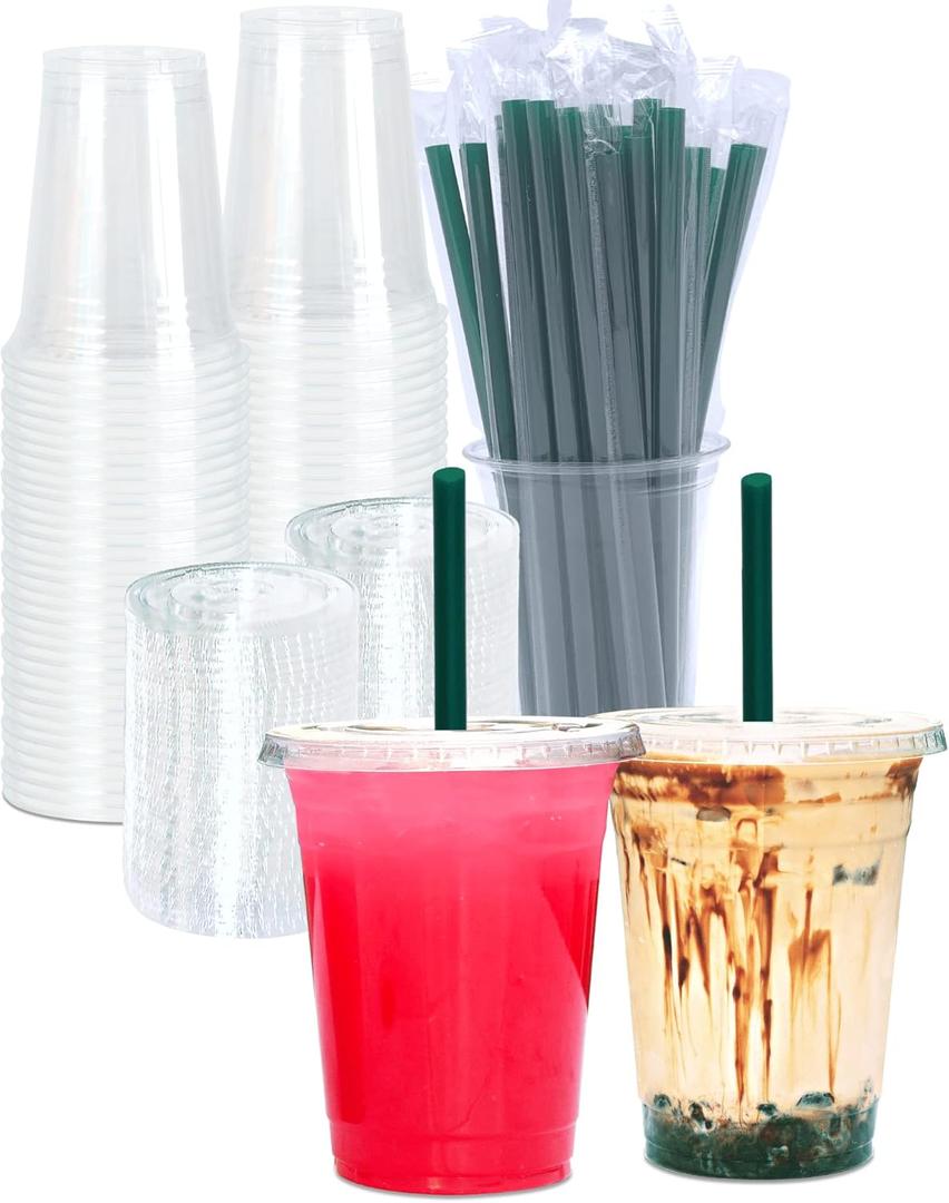 16 oz Clear Plastic Cups with Lids and STRAWS, Disposable Drinking Cups for Cold Drinks, Iced Coffee, Milkshakes, Smoothies, 25 Sets