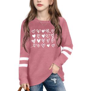 Ithalt Kids Valentine Shirt Girls Valentines Shirts Cute Heart Graphic Long Sleeve Tee Tops 4-14y(APink1,110)