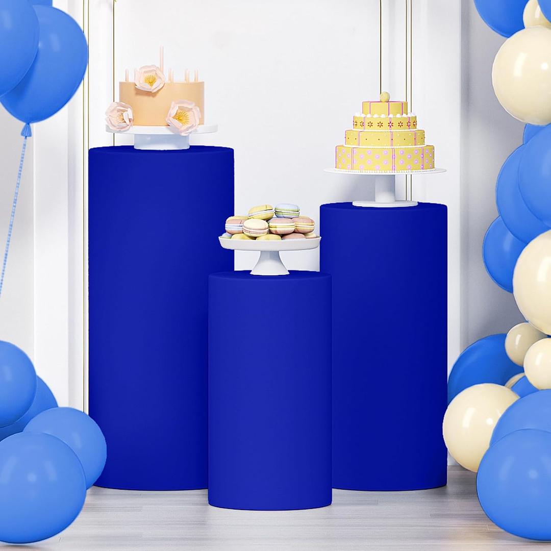 LEBENGURU 3Pcs Cylinder Pedestal Stand Covers, Royal Blue Spandex | Round Display Pedestal Covers, Elastic Cloth Plinth Pillar, for Parties Wedding Birthday Event Decor Props, Covers only