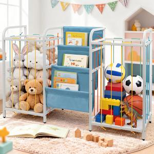 Kids Dual-Side Toy Storage and 3-Tier Bookshelf  Montessori Toddler Organizer with Divided Left and Right Toy Bins & Bookcase for Nursery, Playroom (White & Blue)