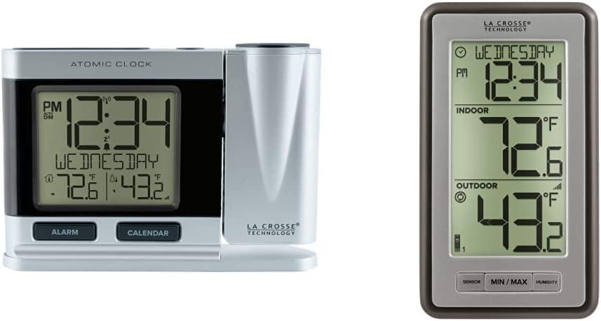 La Crosse Technology Atomic Projection Alarm Clock with Temperature | Wireless Digital Thermometer (Silver)