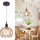 Boho Rustic Industrial Woven Pendant Light, Hand-Woven Rattan Hemp Rope Mini Cage Hanging Lamp, Adjustable Height, Farmhouse Retro Shade Light Fixtures for Kitchen Island Hallway Living Room Cafe Bar