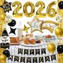 Labeol 39 PCS New Years Decorations 2026, Happy New Year Set with Large Foil Balloons, Banner, Gold Foil Curtains Black, Gold, Confetti Balloons for Party