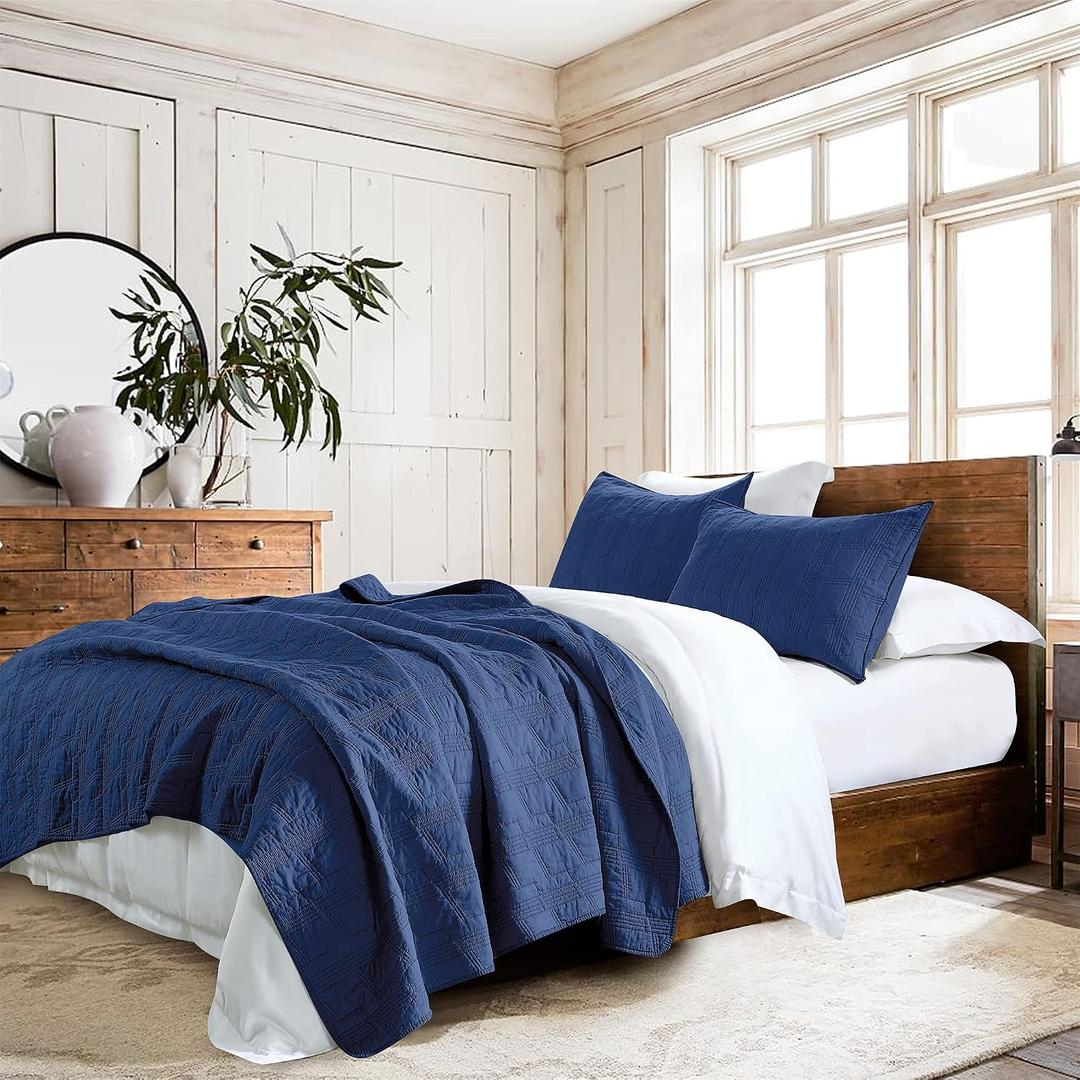 HORIMOTE HOME 100% Cotton Quilt Set Queen Size, Navy Blue Pre-Washed 3-Piece Bedspread Coverlet Set, Cozy Lightweight Stitching Bedding Cover with 2 Shams in Geometric Pattern for All Season, Full/Queen