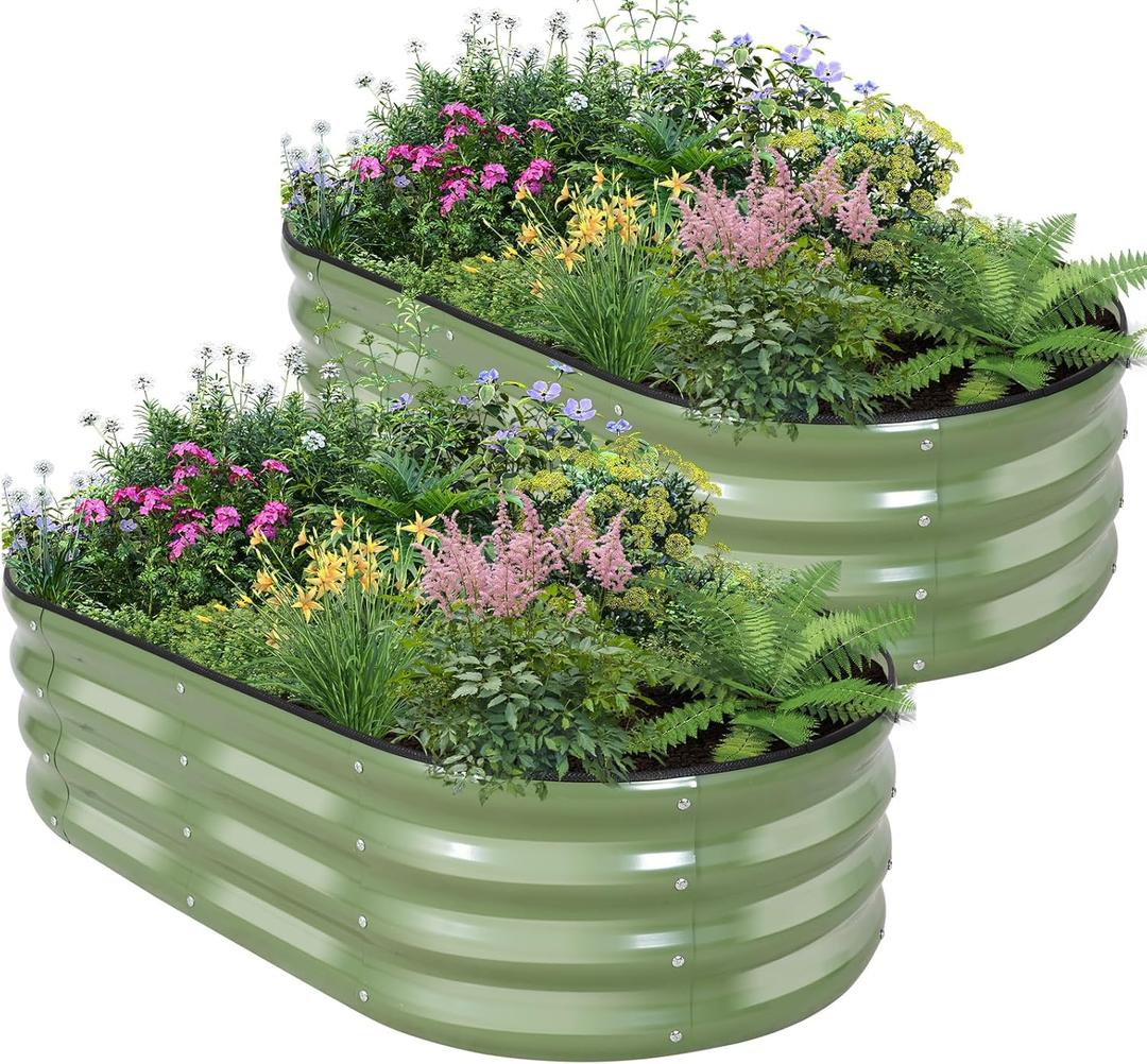 Galvanized Raised Garden Bed - 421ft (2 Packs) Planter Raised Beds for Gardening | Oval Metal Garden Planter Box with Safety Edging and Gloves for Vegetables Fruits and Flower OliveGreen